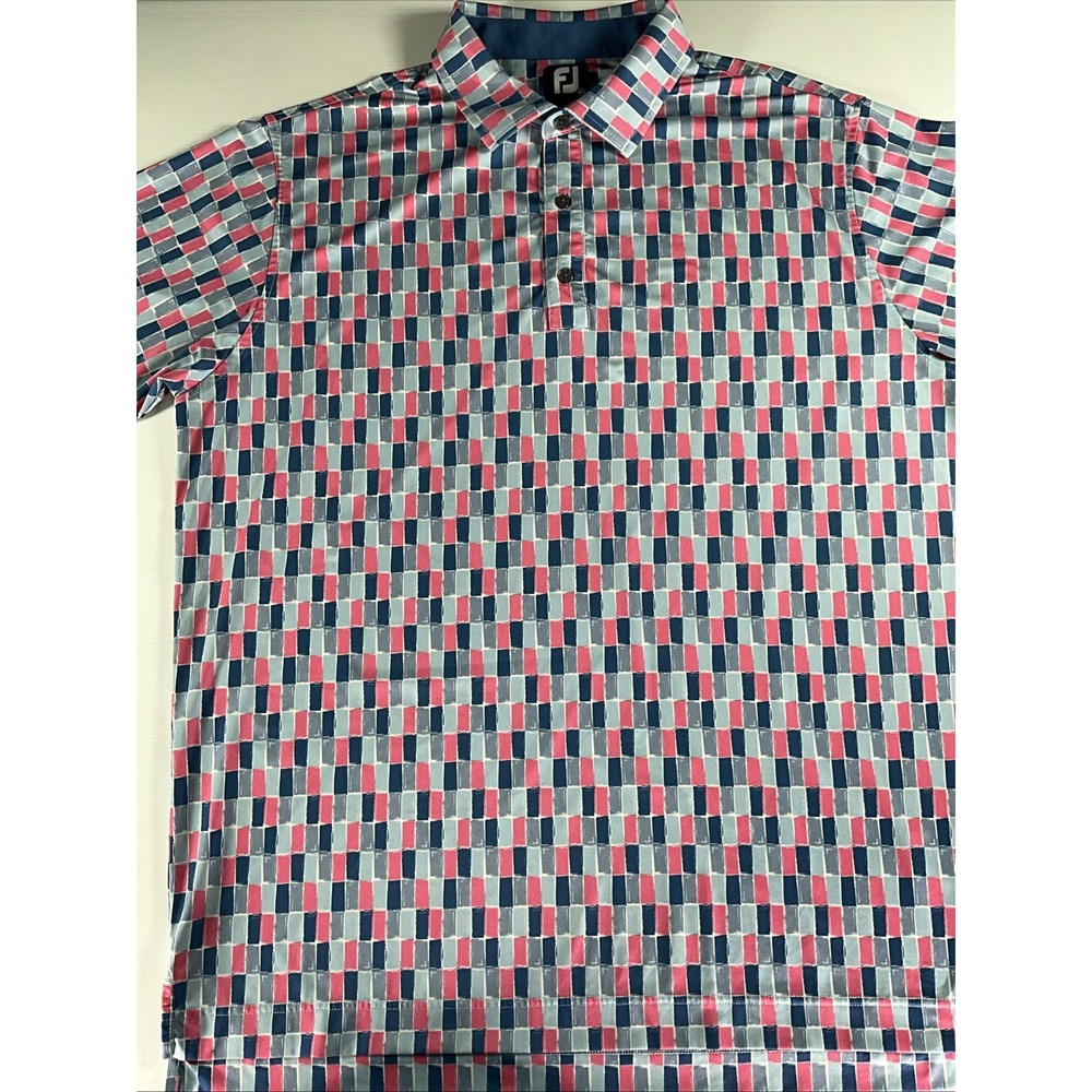 FootJoy Polo Shirt Men XL Blue Pink Geometric Grid Golfer Short Sleeve
